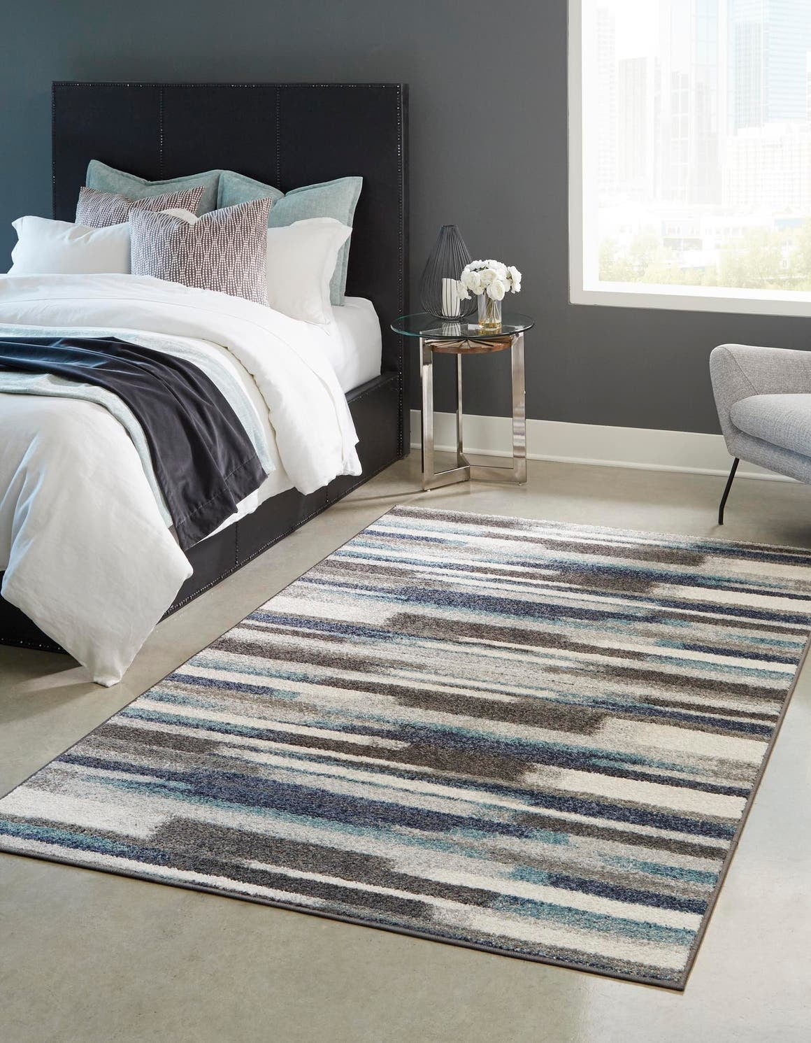 Rectangular 9' x 12' Blue Ivory Stripe Synthetic Area Rug