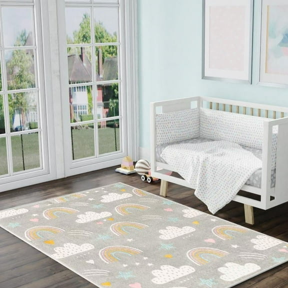 Unique Loom Whimsy Kids Area Rug, Gray/Ivory, Rainbow Stars Clouds, 2' 2" x 2' 11", Durable