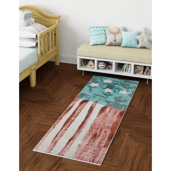 Unique Loom Whimsy Kids Collection Area Rug - Americana (2' 2" x 6' 1" Runner Red and Blue/Ivory)