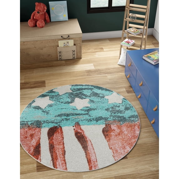 Unique Loom Whimsy Kids Collection Area Rug - Americana (3' 3" Round Red and Blue/Ivory)
