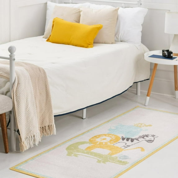 Unique Loom Whimsy Kids Collection Area Rug - Animals (2' 2" x 3' 11" Runner Ivory/Yellow) Perfect For Kids Bed Room/Nursery Room/Living Room/Class Room/Play Room