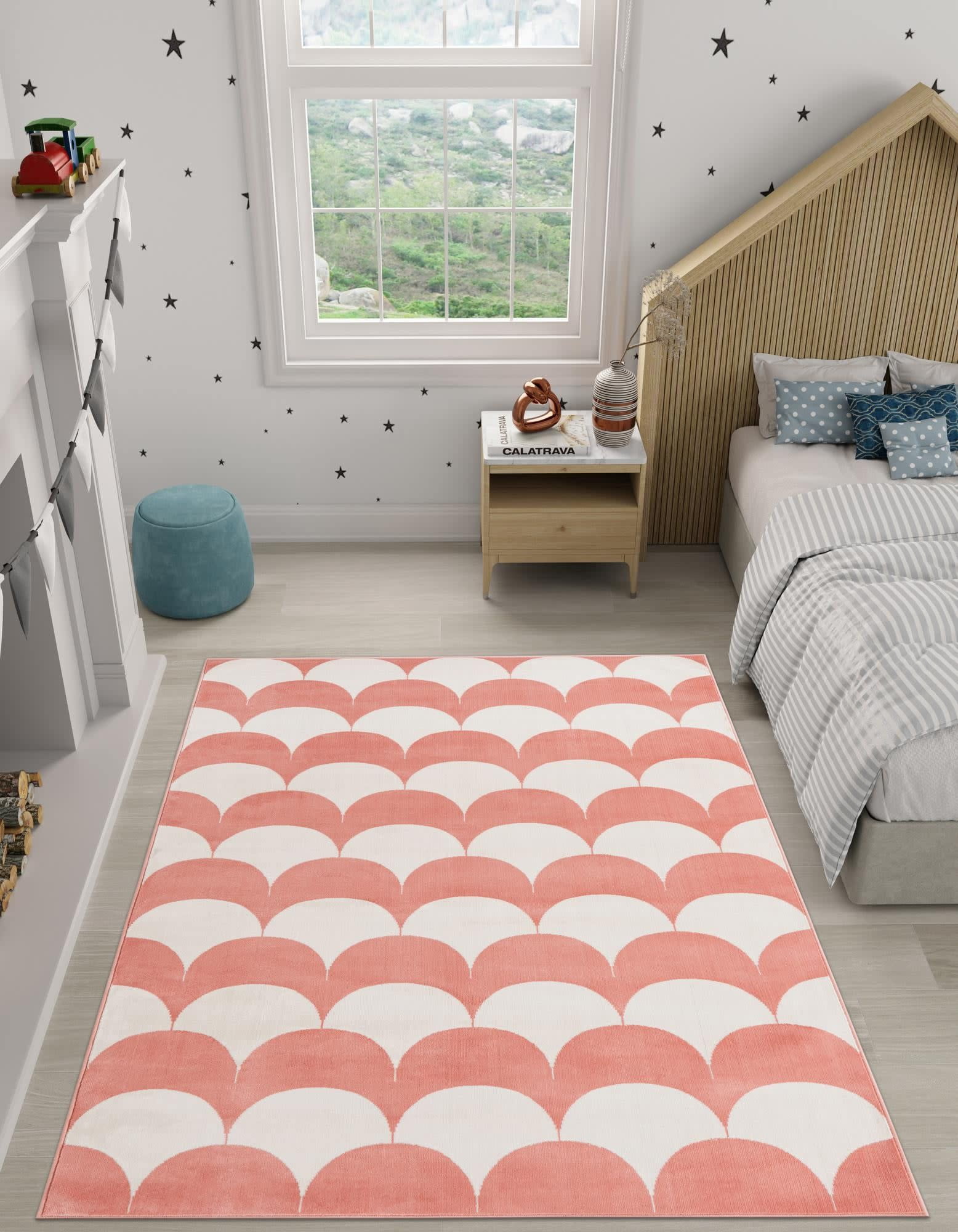 Soft Coral Pink and Ivory Abstract 8' x 10' Kids Rug