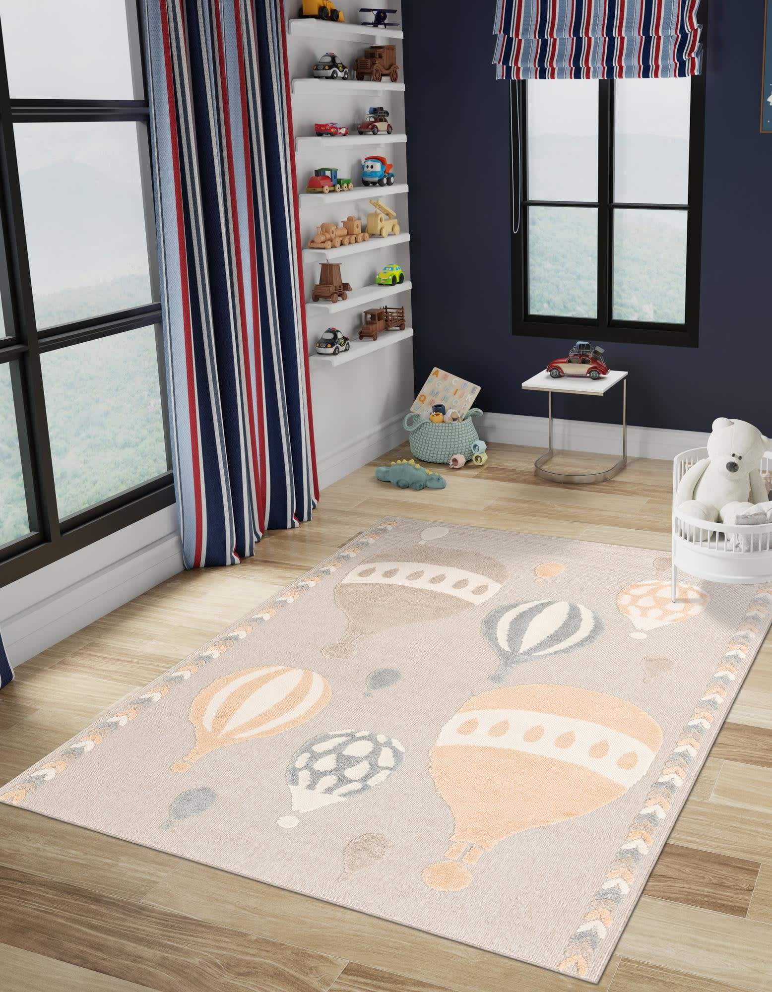 Ivory and Beige Floral Rectangular Kids Rug, 4' x 6'