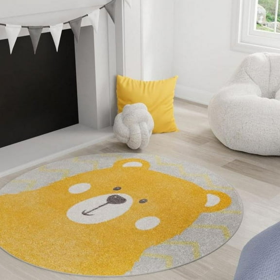 Unique Loom Whimsy Kids Collection Area Rug - Bear (5' 3" Round Yellow/Gray) Perfect For Kids Bed Room/Nursery Room/Living Room/Class Room/Play Room