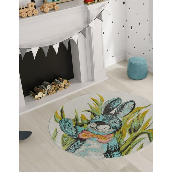Unique Loom Whimsy Kids Collection Area Rug - Bunny (3' 3" Round Ivory/Black)