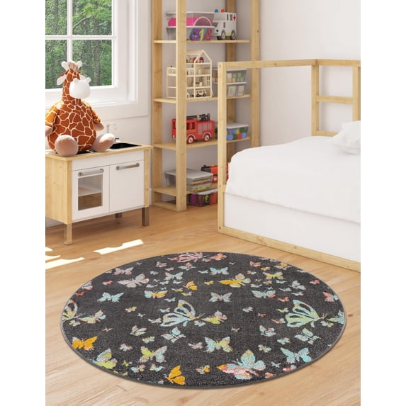 Unique Loom Whimsy Kids Collection Area Rug - Butterflies (3' 3" Round Charcoal Gray/Blue)