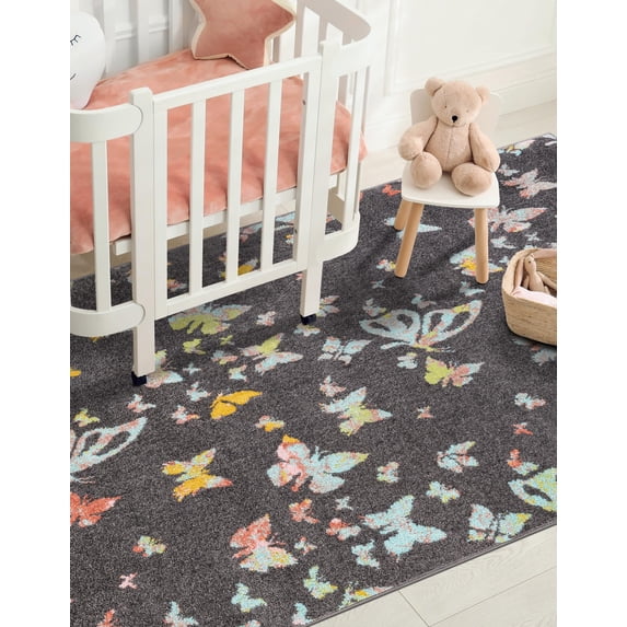 Unique Loom Whimsy Kids Collection Area Rug - Butterflies (7' 10" x 10' Rectangle Charcoal Gray/Blue)