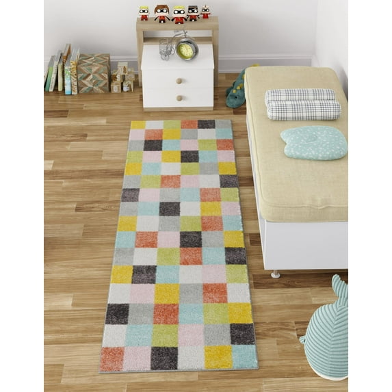 Unique Loom Whimsy Kids Collection Area Rug - Checks (2' 2" x 3' 11" Runner Multi/Blue)