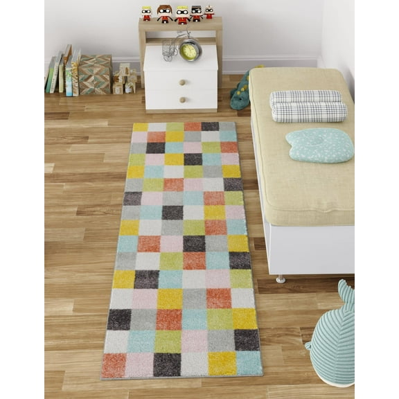 Unique Loom Whimsy Kids Collection Area Rug - Checks (2' 2" x 3' 11" Runner Multi/Blue)