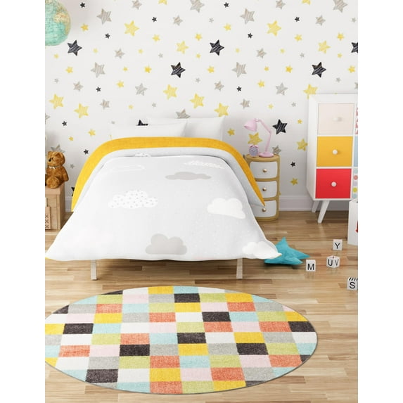 Unique Loom Whimsy Kids Collection Area Rug - Checks (7' 10" Round Multi/Blue)