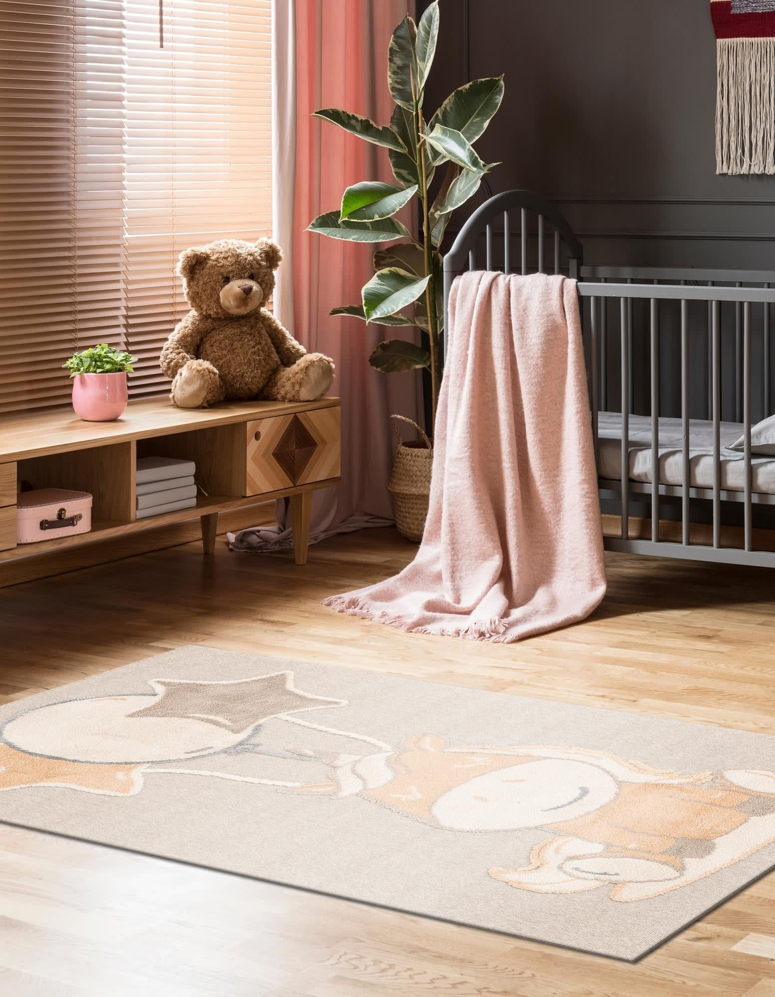 Gray and Peach Blossom Synthetic Rectangular Kids Rug 6' x 9'
