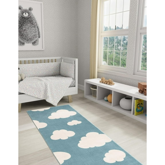 Unique Loom Whimsy Kids Collection Area Rug - Clouds (2' x 5' 1" Runner Sky blue/Ivory)