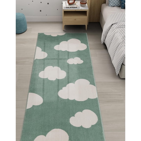Unique Loom Whimsy Kids Collection Area Rug - Clouds (2' x 5' 1" Runner Soft Green/Ivory)