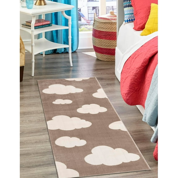 Unique Loom Whimsy Kids Collection Area Rug - Clouds (2' x 8' Runner Hazelnut Beige/Ivory)