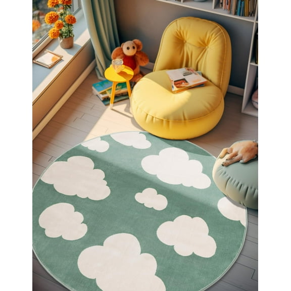 Unique Loom Whimsy Kids Collection Area Rug - Clouds (3' 1" Round Soft Green/Ivory)