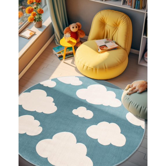Unique Loom Whimsy Kids Collection Area Rug - Clouds (5' 3" Round Sky blue/Ivory)