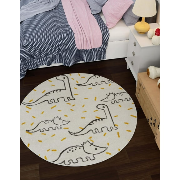 Unique Loom Whimsy Kids Collection Area Rug - Dinosaur (2' 2" Round Ivory/Yellow)