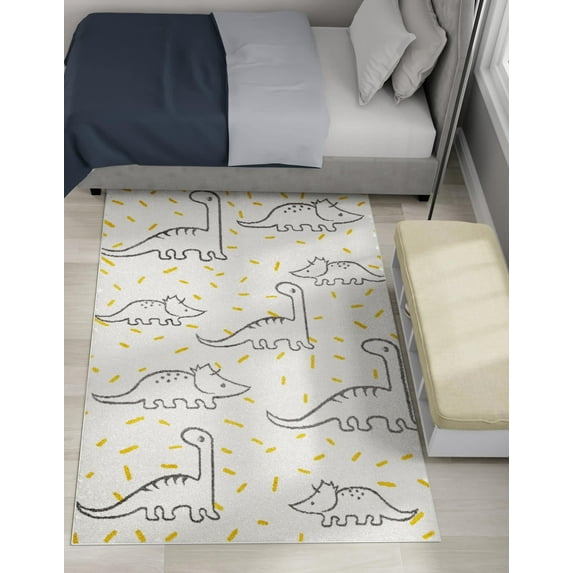 Unique Loom Whimsy Kids Collection Area Rug - Dinosaur (5' 3" x 8' Rectangle Ivory/Yellow)