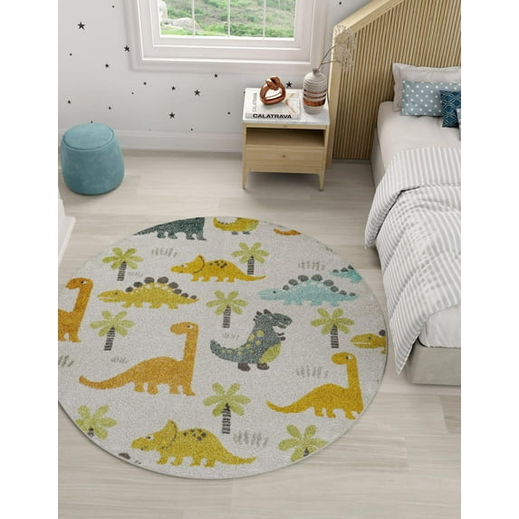 Unique Loom Whimsy Kids Collection Area Rug - Dinotopia (7' 10" Round Ivory/Black)