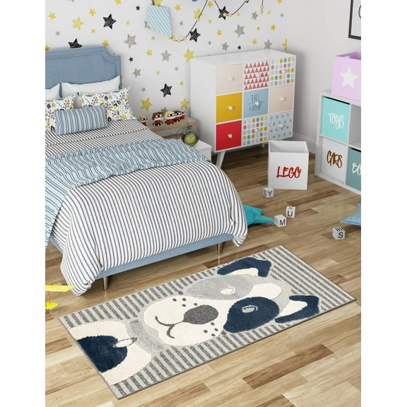 Unique Loom Whimsy Kids Collection Area Rug - Doggo (2' 7" x 6' 1" Runner Blue and Gray/Ivory)