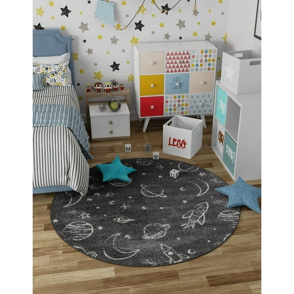 Unique Loom Whimsy Kids Collection Area Rug - Dreams (3' 3" Round Gray/Ivory)