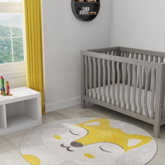 Unique Loom Whimsy Kids Collection Area Rug - Fox (5' 3" Round Gray/Black) Perfect For Kids Bed Room/Nursery Room/Living Room/Class Room/Play Room