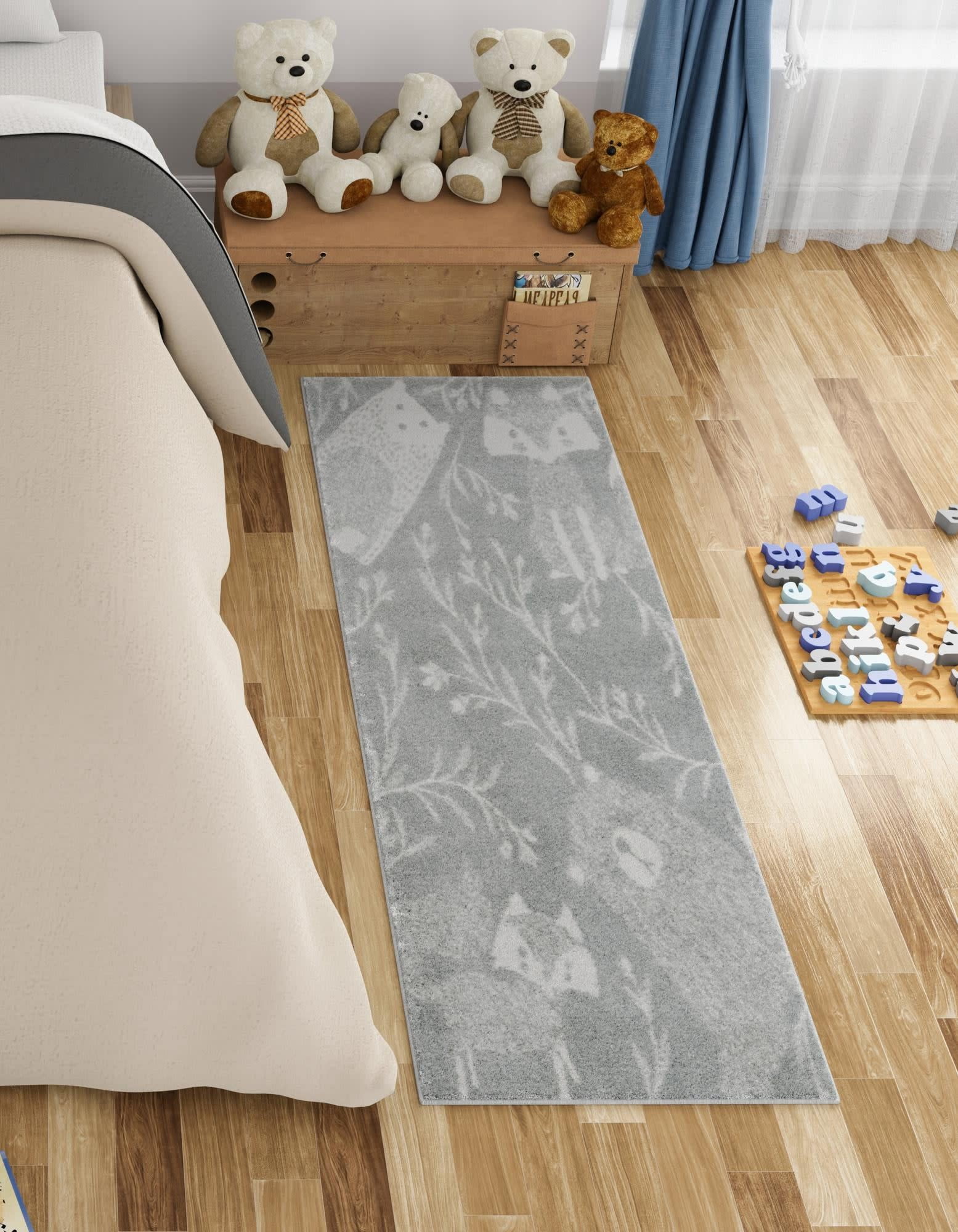 Gray Floral Synthetic Runner Rug for Kids