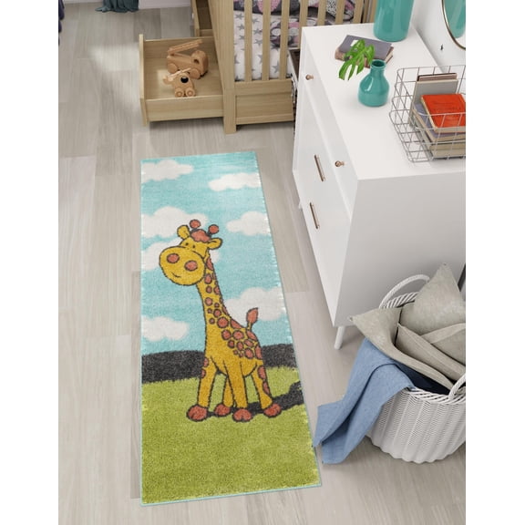 Unique Loom Whimsy Kids Collection Area Rug - Giraffe (2' 2" x 5' 1" Runner Blue/Ivory)