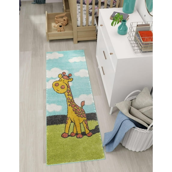 Unique Loom Whimsy Kids Collection Area Rug - Giraffe (2' 2" x 6' 1" Runner Blue/Ivory)