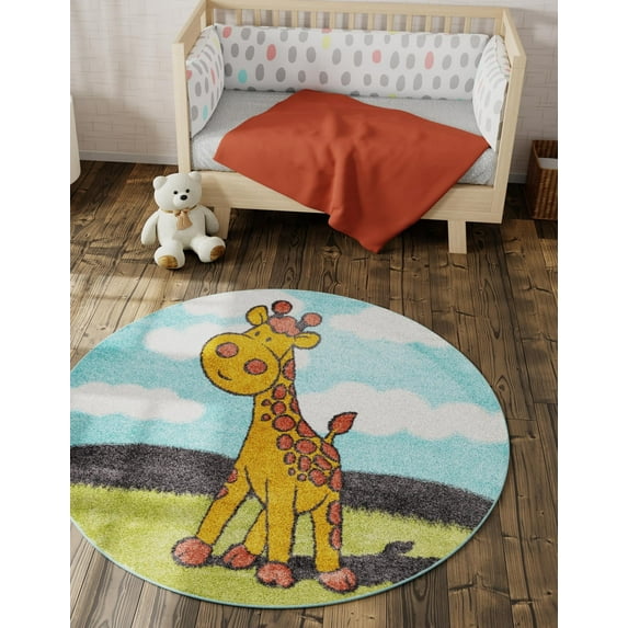 Unique Loom Whimsy Kids Collection Area Rug - Giraffe (7' 10" Round Blue/Ivory)
