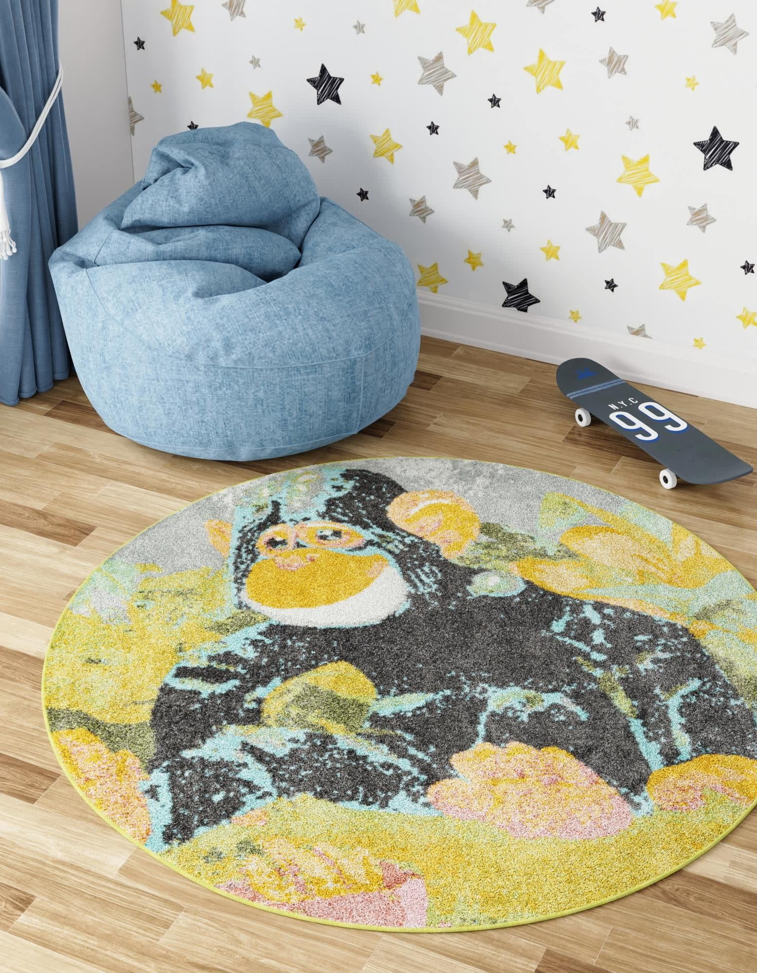 Round Multi-Color Synthetic Kids Area Rug with Gorilla Design