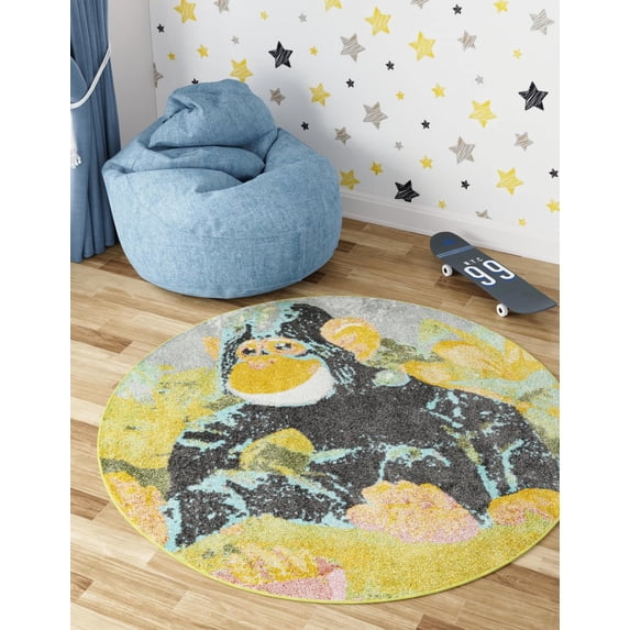 Unique Loom Whimsy Kids Collection Area Rug - Gorilla (5' 1" Round Multi/Gray)