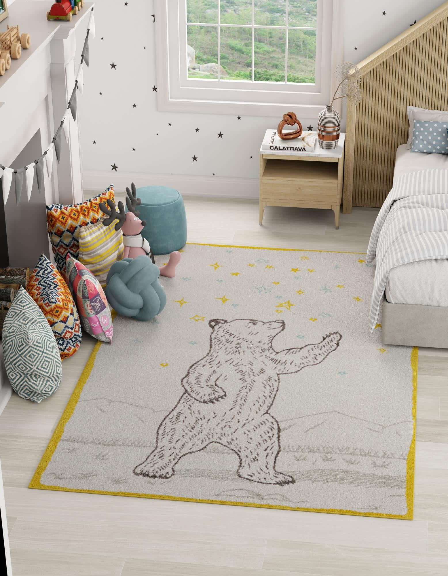 Ivory and Yellow Bear Design Kids Rectangular Rug
