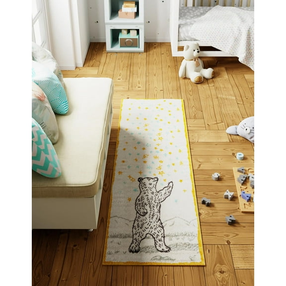 Unique Loom Whimsy Kids Collection Area Rug - Grizzly (2' 2" x 3' 11" Runner Ivory and Gray/Yellow)