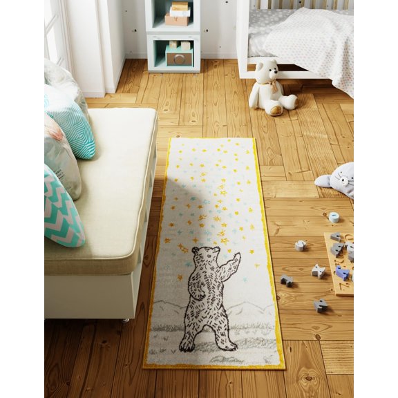 Unique Loom Whimsy Kids Collection Area Rug - Grizzly (2' 2" x 6' 1" Runner Ivory and Gray/Yellow)