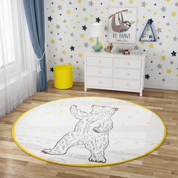 Unique Loom Whimsy Kids Collection Area Rug - Grizzly (5' 3" Round Ivory and Gray/Yellow)