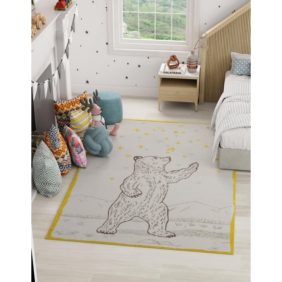 Unique Loom Whimsy Kids Collection Area Rug - Grizzly (7' 10" x 10' Rectangle Ivory and Gray/Yellow)