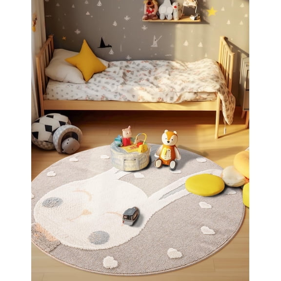 Unique Loom Whimsy Kids Collection Area Rug - Heart Bunny (3' 1" Round Peach Blossom/Ivory)