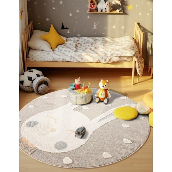 Unique Loom Whimsy Kids Collection Area Rug - Heart Bunny (5' 1" Round Peach Blossom/Ivory)