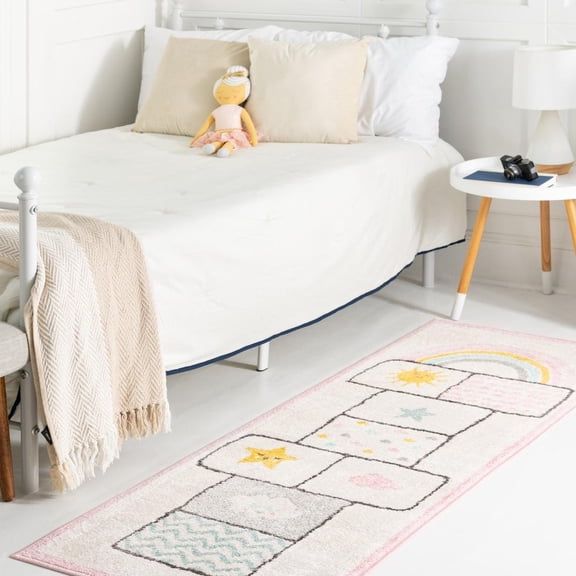 Unique Loom Whimsy Kids Collection Area Rug - Hopscotch (2' 2" x 3' 11" Runner Ivory/Light Blue) Perfect For Kids Bed Room/Nursery Room/Living Room/Class Room/Play Room