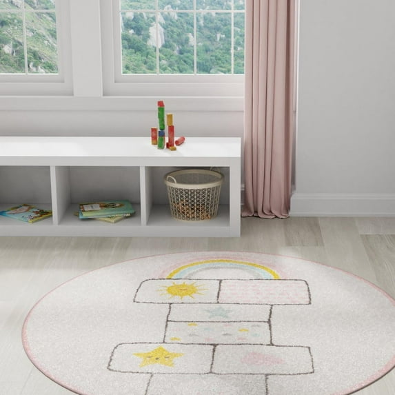 Unique Loom Whimsy Kids Collection Area Rug - Hopscotch (7' 10" Round Ivory/Light Blue) Perfect For Kids Bed Room/Nursery Room/Living Room/Class Room/Play Room