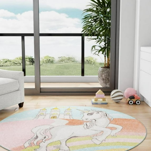 Unique Loom Whimsy Kids Collection Area Rug - Jolly Unicorn (5' 3" Round Multi/Black) Perfect For Kids Bed Room/Nursery Room/Living Room/Class Room/Play Room