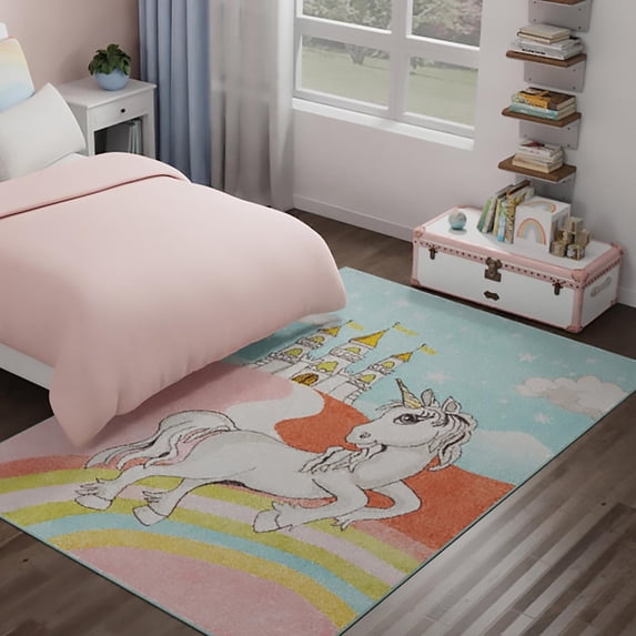 Unique Loom Whimsy Kids Collection Area Rug - Jolly Unicorn (5' 3" x 8' Rectangle Multi/Black) Perfect For Kids Bed Room/Nursery Room/Living Room/Class Room/Play Room