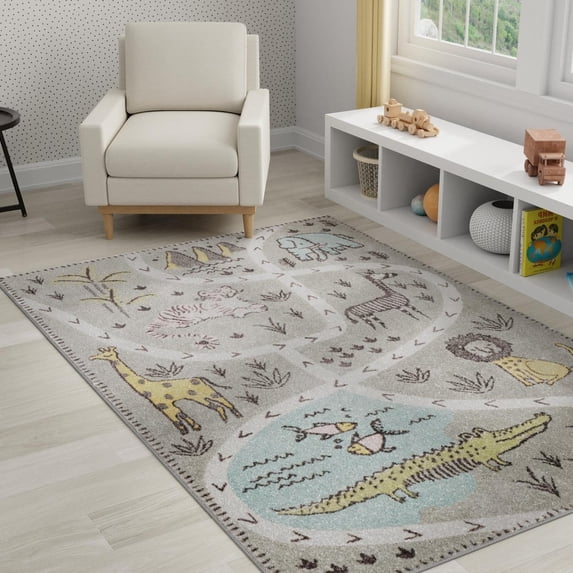 Unique Loom Whimsy Kids Collection Area Rug - Jungle (2' 2" x 2' 11" Rectangle Gray/Black) Perfect For Kids Bed Room/Nursery Room/Living Room/Class Room/Play Room