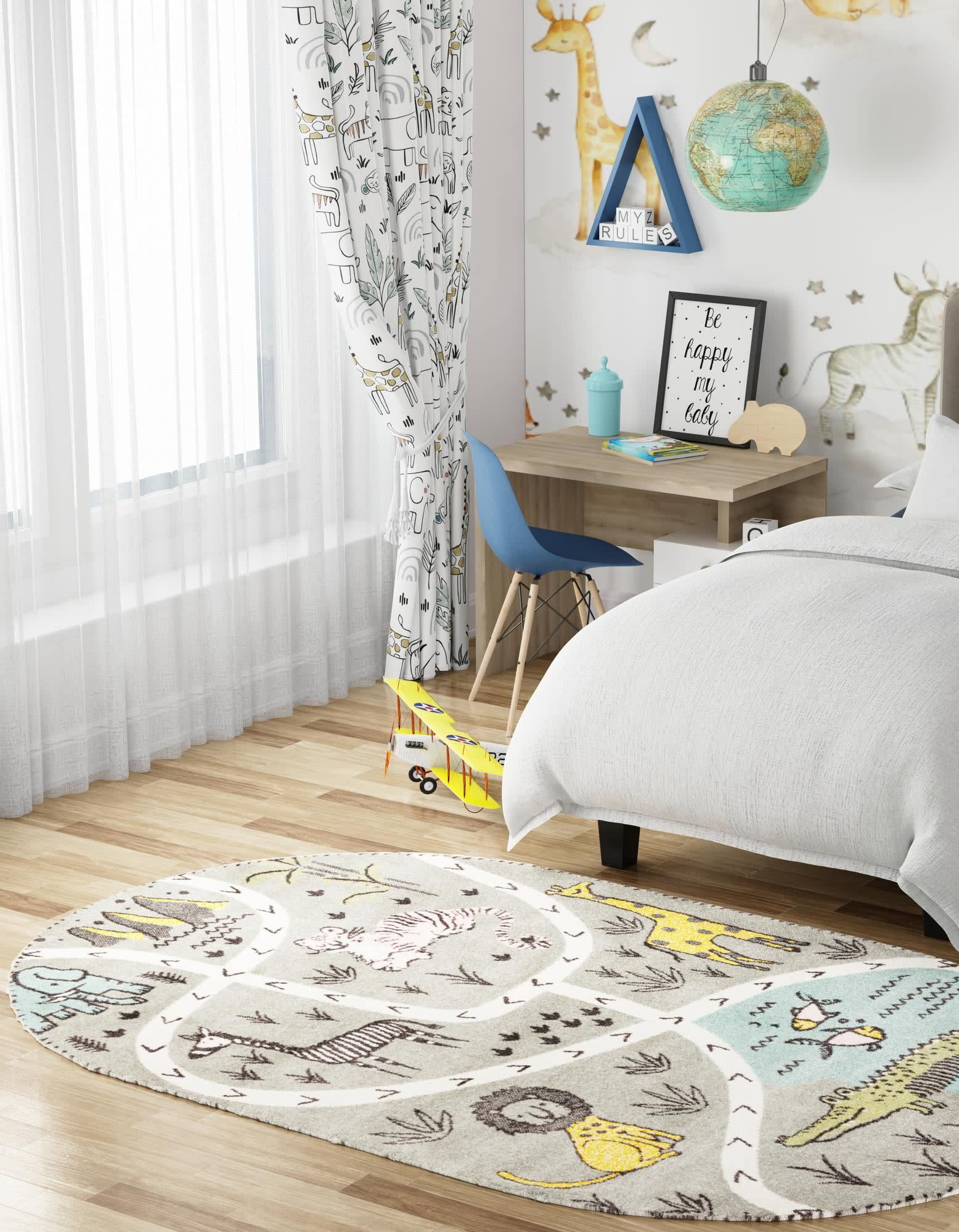 Gray Oval Kids Jungle Animals Stain-Resistant Rug