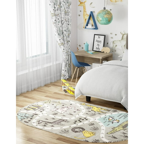 Unique Loom Whimsy Kids Collection Area Rug - Jungle (2' 2" x 3' 1" Oval Gray/Black)