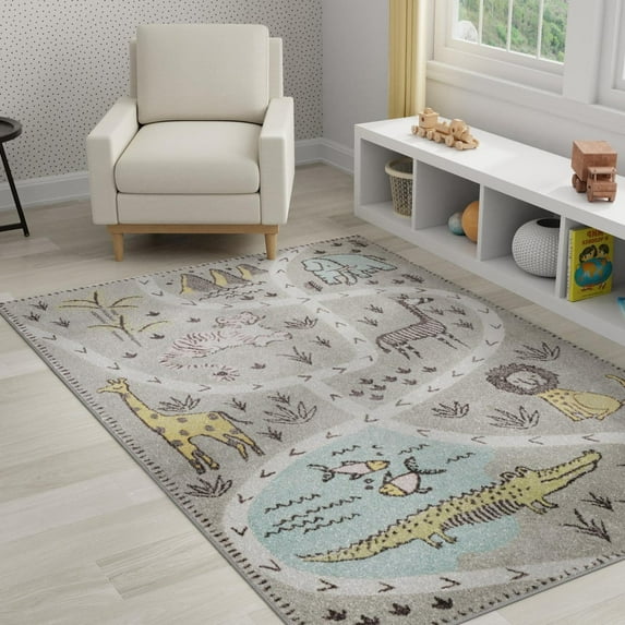 Unique Loom Whimsy Kids Collection Area Rug - Jungle (3' 11" x 5' 11" Rectangle Gray/Black) Perfect For Kids Bed Room/Nursery Room/Living Room/Class Room/Play Room