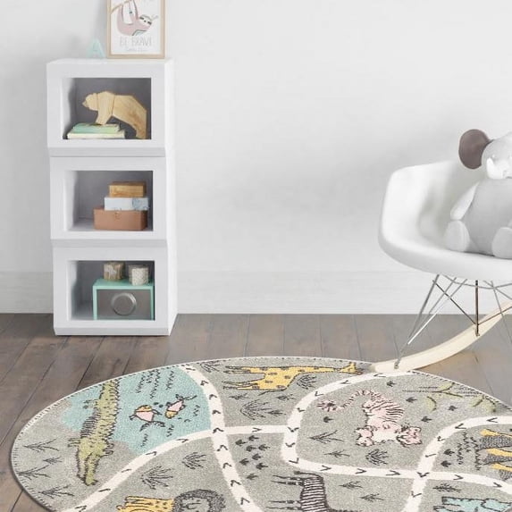 Unique Loom Whimsy Kids Collection Area Rug - Jungle (5' 3" Round Gray/Black) Perfect For Kids Bed Room/Nursery Room/Living Room/Class Room/Play Room