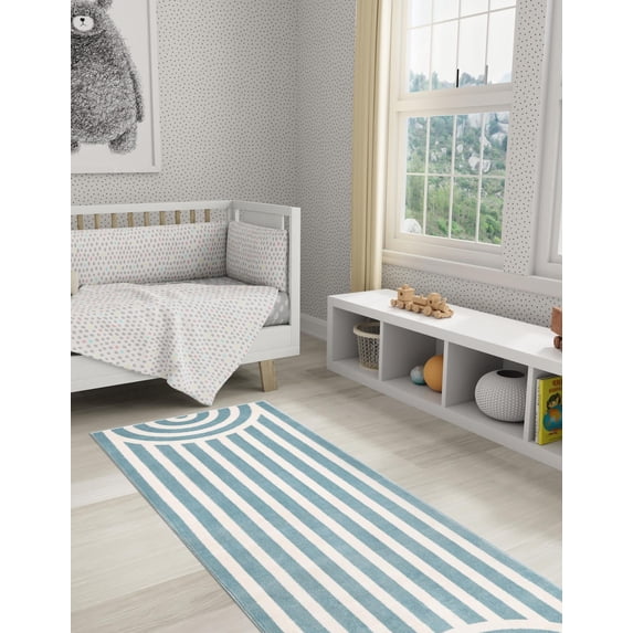 Unique Loom Whimsy Kids Collection Area Rug - Lines (2' x 8' Runner Sky blue/Ivory)