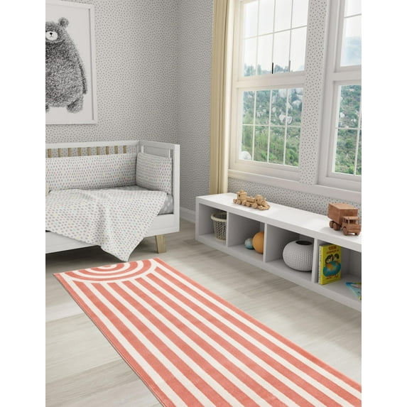 Unique Loom Whimsy Kids Collection Area Rug - Lines (2' x 8' Runner Soft Coral Pink/Ivory)